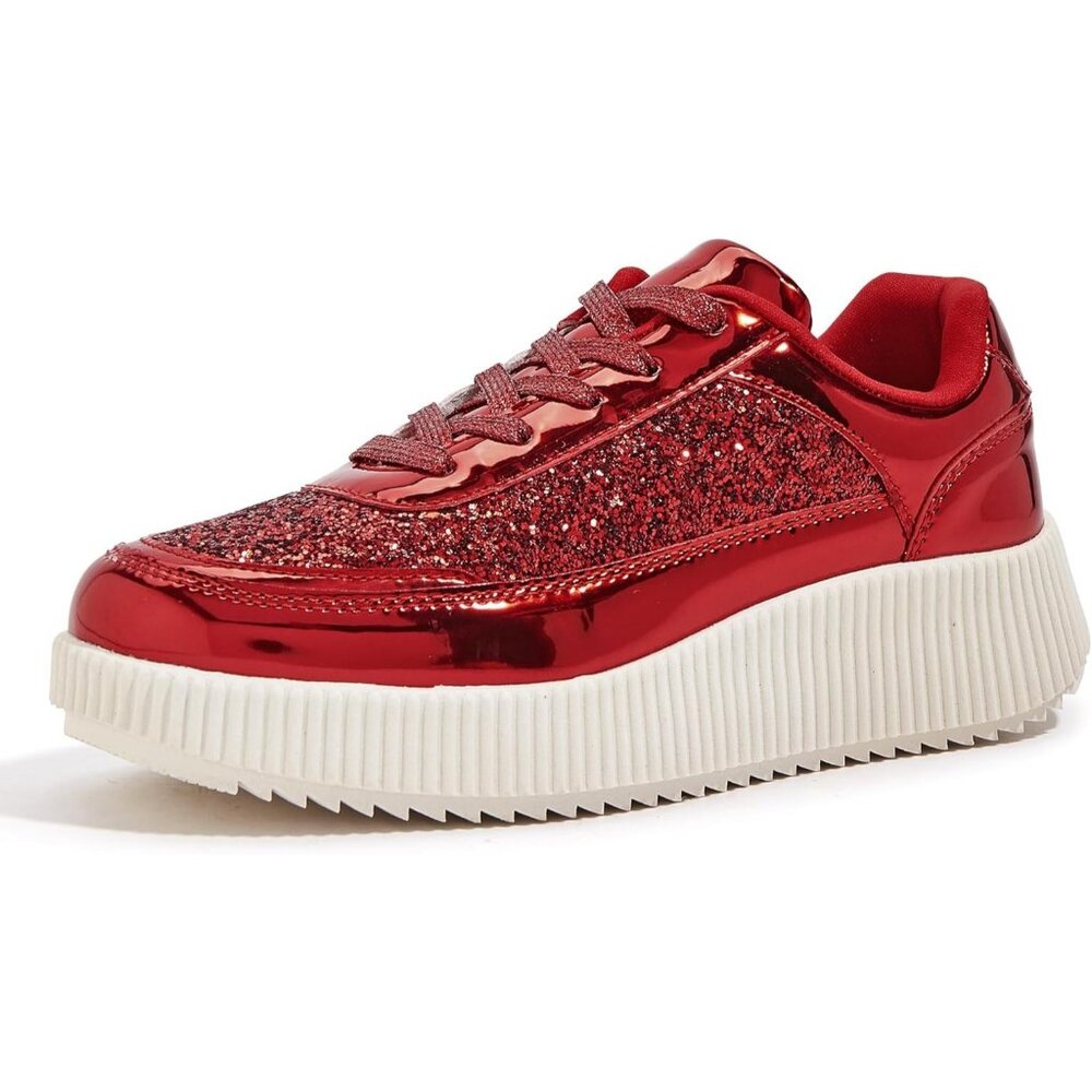 Lucky Step Women's Red Platform Sneakers Rhinestone Fashion Chunky Shoes
